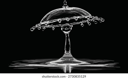 Una fotografía macro de alta velocidad captura la escultura efímera de gotas de agua colisionando contra un fondo negro oscuro y aterciopelado. La forma central se asemeja a un hongo abstracto y translúcido o a un paraguas invertido, con una parte superior abovedada y bulbosa y una delgada,