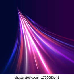 High-speed motion blur streaks across a neon-lit highway at night. Purple, blue, and red light trails enhance futuristic energy. Perfect for sci-fi design projects.