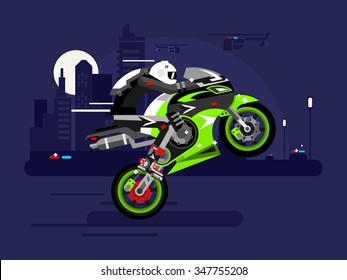 High-speed motorcycle rides on one wheel. Person in helmet, bike and extreme, danger and risk, vector illustration