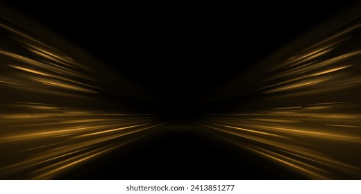 High-speed neon light lines of yellow color on a black background. Incredible speed on the expressway. Laser beams luminous abstract sparkling isolated on a transparent background.	