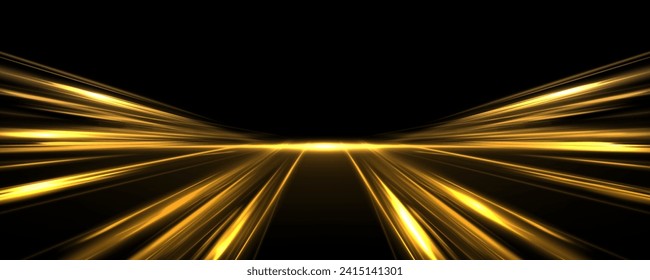 Líneas de luz de neón de alta velocidad de color amarillo sobre un fondo negro. Velocidad increíble en la autopista. Vigas láser brillantes abstractos luminosos aislados en un fondo transparente.	