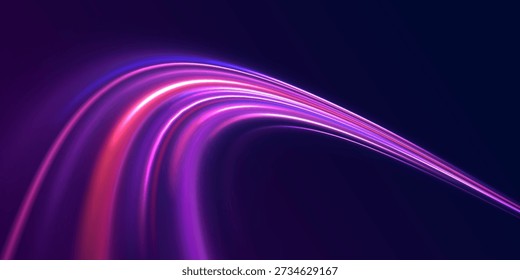 As raias de néon de alta velocidade atravessam uma paisagem urbana futurista à noite. Luzes azuis, violetas e cor-de-rosa criam um intenso desfoque de movimento. Perfeito para arte digital de ficção científica