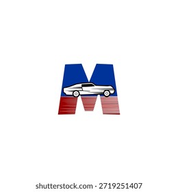 Coche de carreras de alta velocidad integrado con forma de alfabeto M, ideal para la marca de deportes de motor, identidad de competencia y temas de alto rendimiento