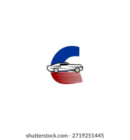 Coche de carreras de alta velocidad integrado con forma de alfabeto C, ideal para la marca de deportes de motor, identidad de competencia y temas de alto rendimiento