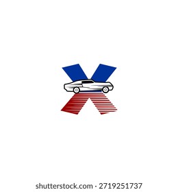 Coche de carreras de alta velocidad integrado con forma de alfabeto X, ideal para la marca de deportes de motor, identidad de competencia y temas de alto rendimiento