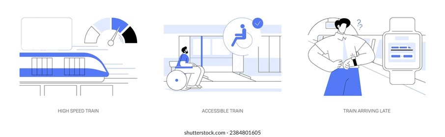 High-speed rail abstract concept vector illustration set. High speed train station, urban transport accessible for disabled passengers, train delays, city transportation abstract metaphor.