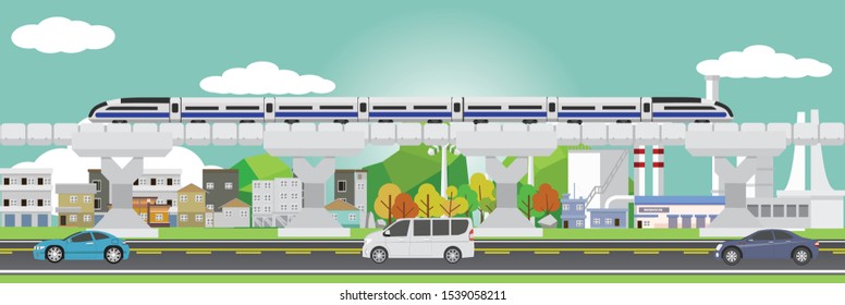 High-speed rail on the electric rail bridge through industrial community areas.Below there are cars traveling on asphalt roads.