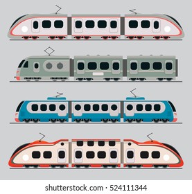 High-speed rail transport. Fast passenger trains. Suburban, intercity, regional speed railway cars. Vector illustration