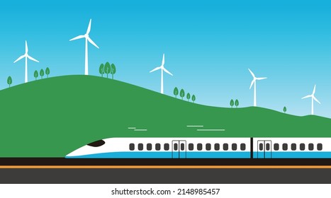 High-speed rail travel on the road, wind generator, concept of modern train