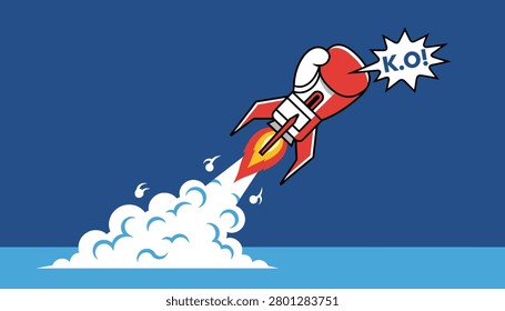High-speed red rocket equipped with a giant boxing glove blasting off into space, leaving a white smoke trail and shouting KO.