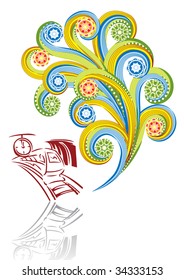 High-speed train in abstract collage. Format A4. Vector illustration. Isolated groups and layers. Global colors.