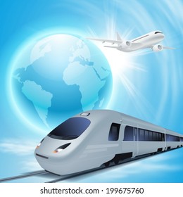 High-speed train and airplane in the sky. Concept travel illustration. EPS10 vector.