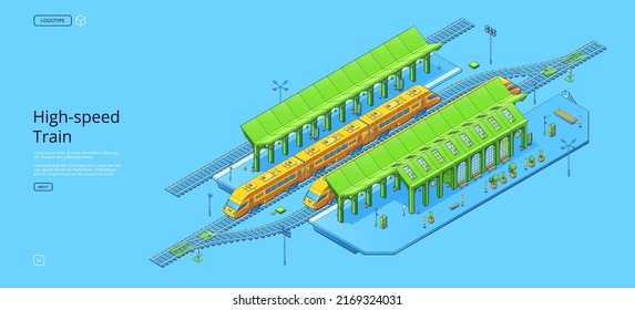 Banner de tren de alta velocidad con estación de tren isométrica, plataforma exprés y vacía. Página de aterrizaje de vectores con moderno tren rápido de pasajeros en la vía ferroviaria y el edificio de terminales