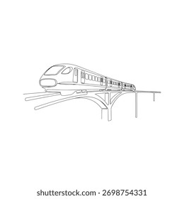 Treino de alta velocidade com uma linha contínua. Moderno monotrilho em uma ponte, conceito futurista de transporte público. Ilustração minimalista do vetor da arte de linha única.
