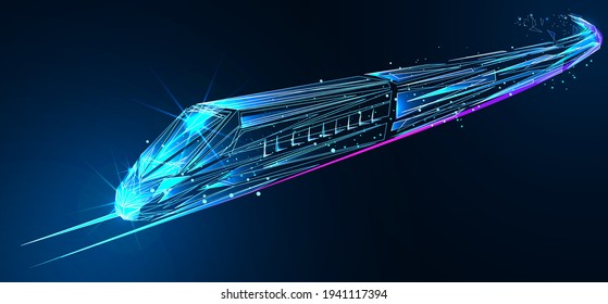 High-speed Train. Digital Low Poly Wireframe Of Futuristic Vector. Future Logistics, Modern Technology, Transport Concept. 