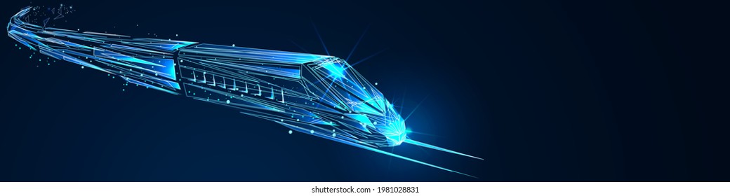 High-speed train. Digital low poly wireframe of futuristic vector. Future logistics, modern technology, transport concept. Abstract 3d blue  illustration