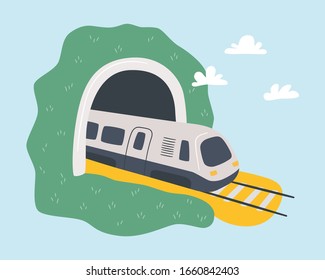 El tren de alta velocidad sale del túnel. Viajando en tren. Dibujo gráfico vectorial dibujado a mano