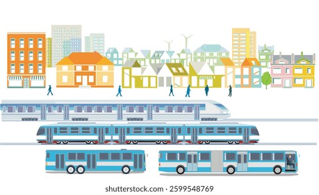 High-speed train and light rail, bus, friendly city with public transport, illustration