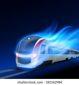 High-speed train in motion blue flame at night. EPS10 vector.