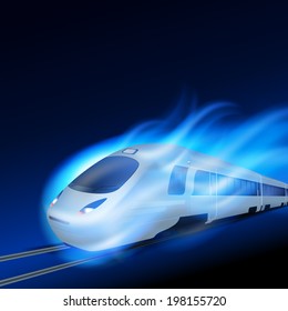High-speed train in motion blue flame at night. EPS10 vector.