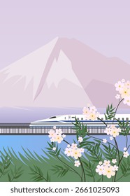 Der Hochgeschwindigkeitszug fährt vor dem Hintergrund der Berge. Zarte Landschaft mit rosafarbenen Blumen.