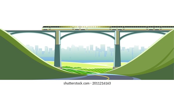 High-speed Train On Bridge. Fast Transport. Railway With Locomotive. Hills. Horizon. Modern Outdoor Landscape. Isolated On Background.. Flat Style Design. Vector