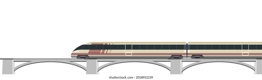High-speed train on bridge. Fast transport. Railway with locomotive. Modern outdoor landscape. Isolated on background.. Flat style design. Vector
