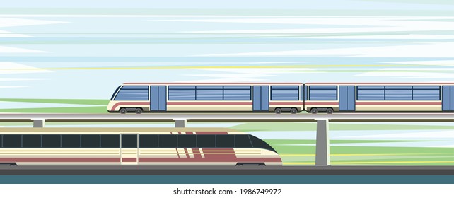 High-speed train on the bridge. Suburban transport. Railway with a locomotive. Fast. Modern outdoor landscape. Cityscape with the road. Flat style design. Vector