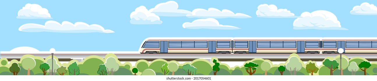 Tren de alta velocidad en el puente. Transporte suburbano. Ferrocarril con locomotora. Bosque. El paisaje exterior moderno. El paisaje urbano con la carretera. Diseño de estilo plano. Vector