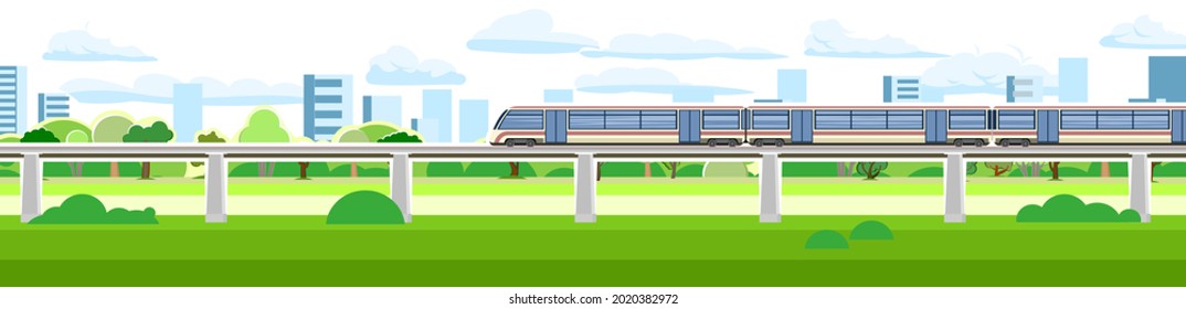 Hochgeschwindigkeitszug auf der Brücke. Vorortverkehr. Eisenbahn mit Lokomotive. Moderne städtische Außenlandschaft. Stadtlandschaft mit der Straße. Flaches Design. Vektorgrafik