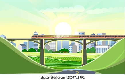 High-speed train on the bridge. Suburban transport. Sunrise. Railway with a locomotive. Modern outdoor urban landscape. Cityscape with the road. Flat style design. Vector.