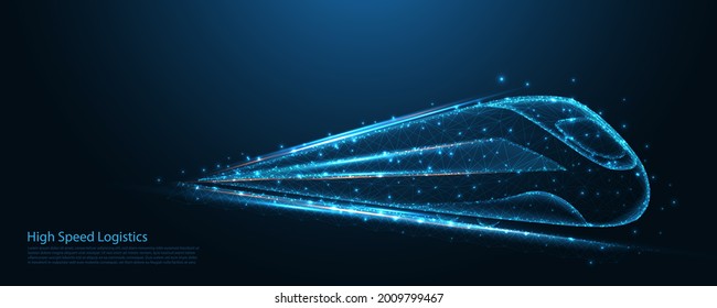 High-speed train poly wireframe. Railway logistics, transport, tourism, and technology concept. connection. Low poly wireframe design. Abstract geometric background. vector illustration.