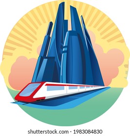 A high-speed train rushes through the city. Tall buildings, skyscrapers