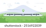 High-speed train speeds through a scenic landscape, passing a majestic mountain range. The train