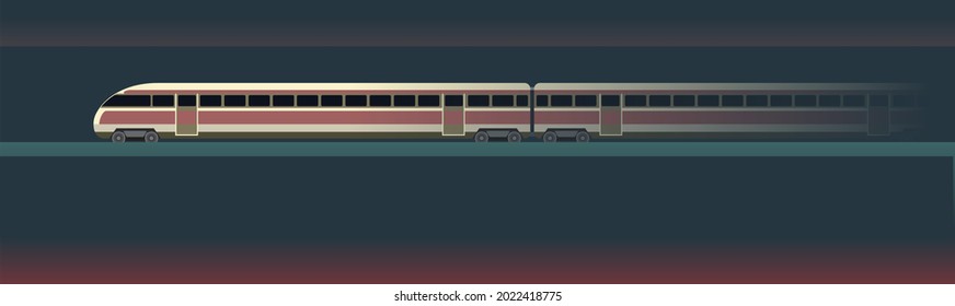 Tren de alta velocidad Transporte suburbano y suburbano. Horizontal. Ferrocarril con locomotora. Metro. Ilustración oscura. Diseño de estilo plano. Vector