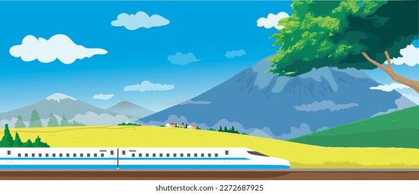 A high-speed train swiftly rushes through the picturesque landscape of majestic mountains and charming houses, creating a magnificent spectacle of nature and advanced technology in motion.