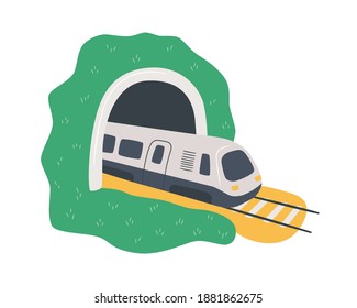 High-speed train in the tunnel. Travelling by rail road. Hand drawn cartoon vector illustration on white background