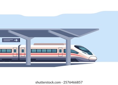 High-speed train waiting at a modern station with an overhead shelter and directional signage during a clear daytime.