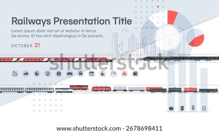 High-speed trains are moving against the background of the city buildings, ordinary passenger and freight trains are moving below. Cover for a presentation about freight and passenger transportation