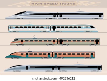 High-speed Trains Unique Design. Passenger Railway Transport. Vector Illustration