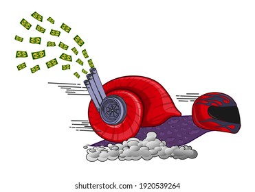 The high-speed turbo snail rushes towards its target, defeating others. Purple snail with a red shell with a turbine on its side and money flying out of the pipes isolated on a white background.