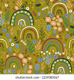 Hight detailed floral seamless pattern with mushrooms, plants, rainbow, flowers, leaves. Botanical meadow mustard texture. Great for fabric, wallpaper, textile. Vector illustration