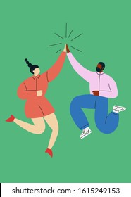 Hight five friends flat illustration vector. Team concept. Multicultural high five. Diverse cultures isolated on background