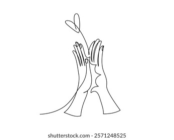 Hight five or give me five hands in continuous line art, editable stroke.