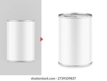 Hight realistic can with easy-open lid mockup for food, pet food. Vector illustration isolated on white and grey background. Easy to use for presentation your product, idea, design. EPS10.