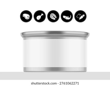 Hight realistic can with easy-open lid mockup with set icons. Vector illustration isolated on white background. Easy to use for presentation your product, idea, design. EPS10.