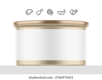 Hight realistic can mockup with set icons for preserved food, pet food. Vector illustration isolated on white background. Easy to use for presentation your product, idea, design. EPS10.