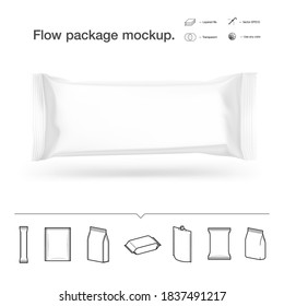 Hight realistic flow packaging mockup. Vector illustration isolated on white background. Can be use for your design, promo, adv and etc. Possibility for food, pharmaceutical, cosmetic. EPS10.	