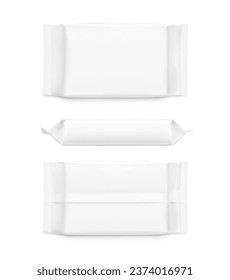 Hight realistic flow packaging mockup. Vector illustration isolated on white background. Front, rear and side view. Can be use for your design, promo, adv and etc. EPS10.