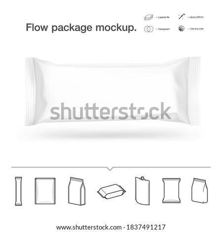 Hight realistic flow packaging mockup. Vector illustration isolated on white background. Can be use for your design, promo, adv and etc. Possibility for food, pharmaceutical, cosmetic. EPS10.	